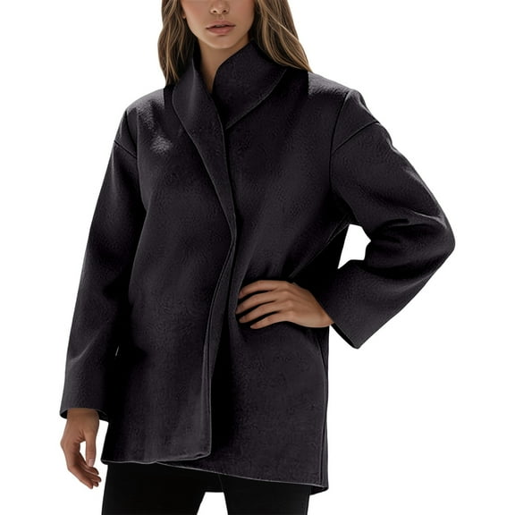 Wuxian Women Stylish Jacket Long Sleeve Turndown Collar Wool Coat Short Overcoat Winter Thick Warm Loose Fit Relaxed Casual Outwear,Black,S