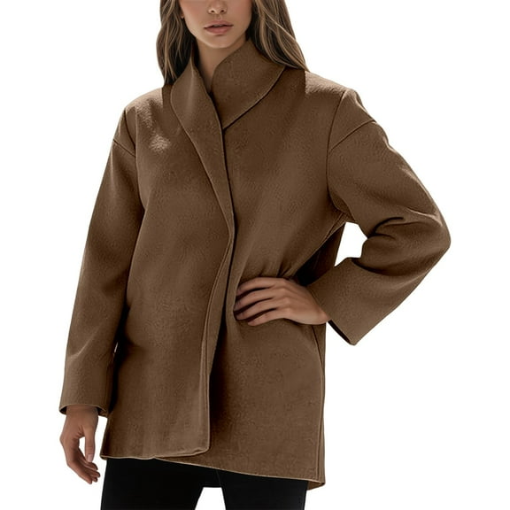 Wuxian Women Stylish Jacket Long Sleeve Turndown Collar Wool Coat Short Overcoat Winter Thick Warm Loose Fit Relaxed Casual Outwear,Coffee,S