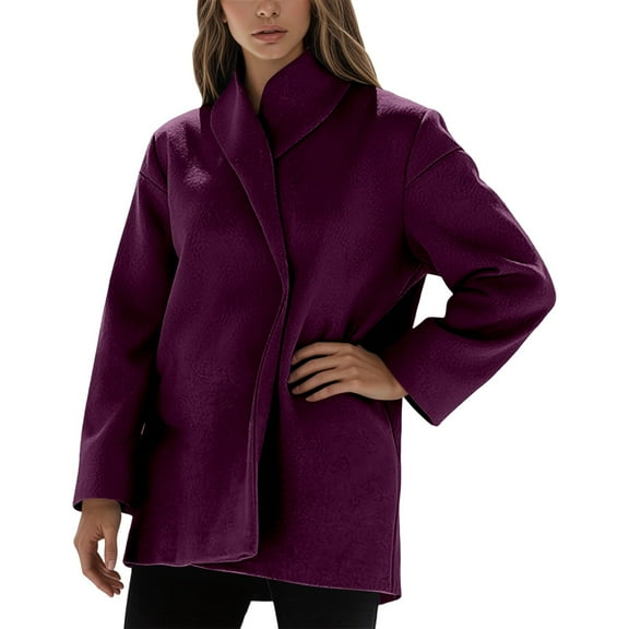 Wuxian Women Stylish Jacket Long Sleeve Turndown Collar Wool Coat Short Overcoat Winter Thick Warm Loose Fit Relaxed Casual Outwear,Purple,Xl