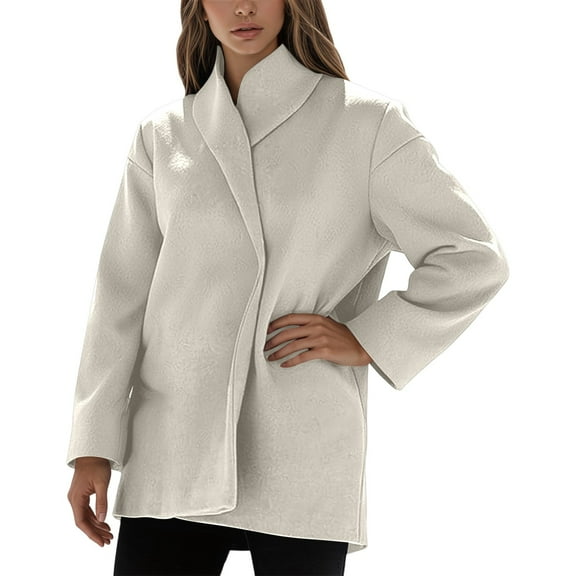 Wuxian Women Stylish Jacket Long Sleeve Turndown Collar Wool Coat Short Overcoat Winter Thick Warm Loose Fit Relaxed Casual Outwear,White,S