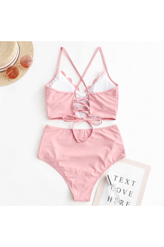 Women Stylish Summer 2 Piece Tankini Swimsuits Cross Spaghetti Strap Back Lace Up Ruched Ruffled Trim Bra Top High Waist Tummy Control Bikini Sets Beachwear,Pink,L