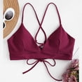 thumbnail image 1 of Wuxian Women Summer Swimwear Solid Color Halter Deep V- Neck Backless Lace Up Bathing Bra Bikini Fashionable Beachwear Swimming Padded Tankinis Tops,Red,L, 1 of 2