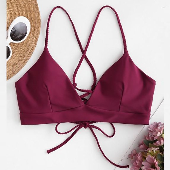 Wuxian Women Summer Swimwear Solid Color Halter Deep V- Neck Backless Lace Up Bathing Bra Bikini Fashionable Beachwear Swimming Padded Tankinis Tops,Red,L