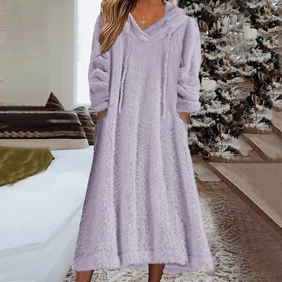 Wuxian Women Sweater Dress Solid Color Fuzzy Thick Warm Hoodies Oversized Loose Midi Dress Long Sleeve Pocket Winter Fall Hooded Plush Maxi Long Dresses,Purple,XL