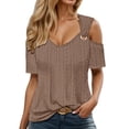 thumbnail image 1 of Wuxian Women Tops Casual Shirts Short Sleeve Off The Shoulder Solid Color Deep V-Neck Loose Fit Hollow Out Fashionable T Shirt Summer Comfort Breathable Relaxed Blouse,Coffee,XL, 1 of 4