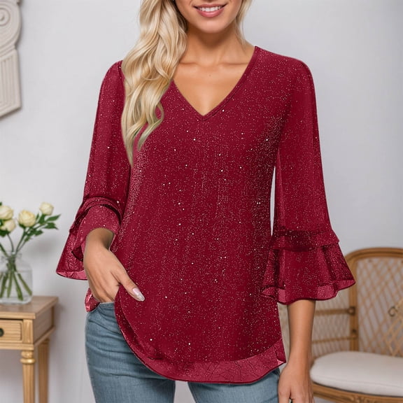 Wuxian Women Tops Sequined Glitter Shirts Pleated 3/4 Sleeve V Neck Flare Sleeve Ruched Flowy Elegant Fashionable Sparkly Layers Mesh Tunic Shirts Casual Top Blouse,RD1,M