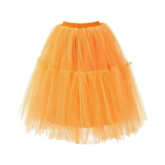 Wuxian Women Tutu Mini Skirt Elastic Waist Pleated Mesh Solid Color Ruffles Tiered Soft Drape Short A Line Elegant Ruched Layered Flowy Irregular Short Skirts,Orange,M
