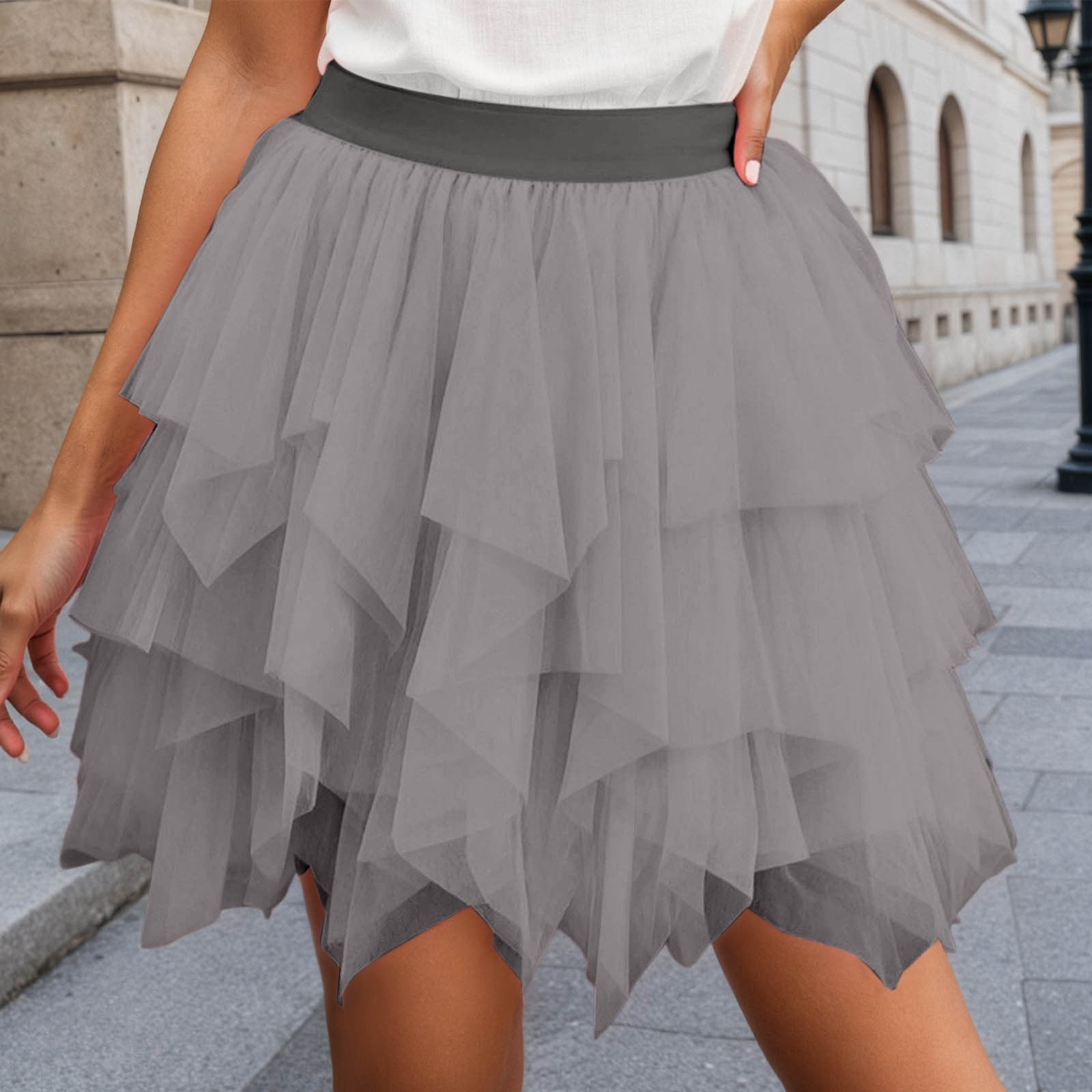 Wuxian Women Tutu Mini Skirt Elastic Waist Pleated Mesh Solid 