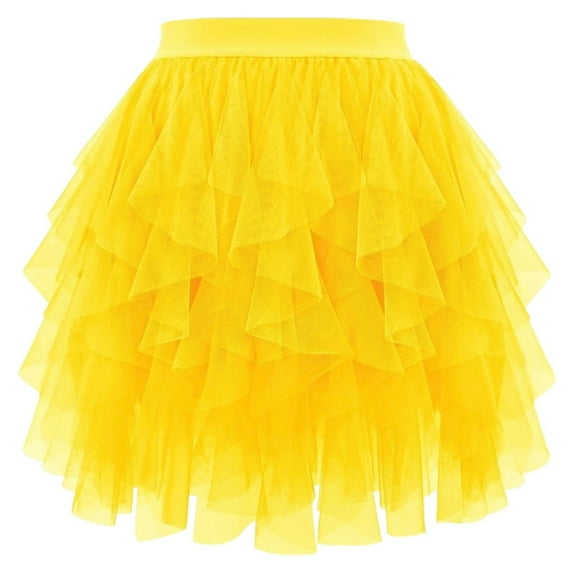 Wuxian Women Tutu Mini Skirt Elastic Waist Pleated Mesh Solid Color Ruffles Tiered Soft Drape Short A Line Elegant Ruched Layered Flowy Short Skirts,Yellow,XL