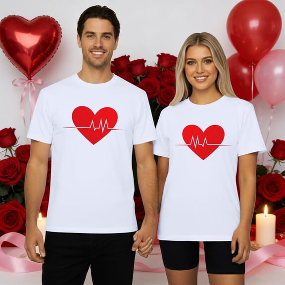 Wuxian Women Valentines Shirt Heartbeat Print Love Heart Graphic Crew Neck Short Sleeve Tee Top Loose Fit Soft Casual T Shirt For Couple Tee Dailywear,White,S