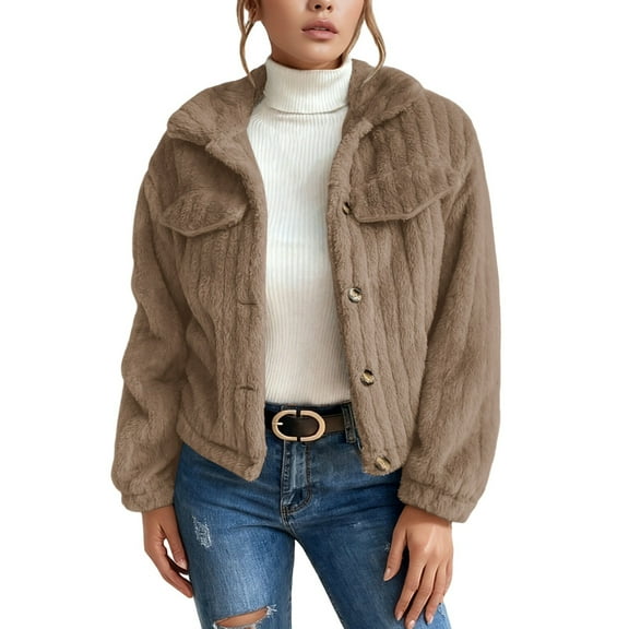 Wuxian Women Winter Jacket Stand Collar Long Sleeve Fuzzy Solid Color Thick Warm Soft Short Coat Casual Front Open Cardigan Outerwear For Fall Winter Dailywear,Khaki,XS