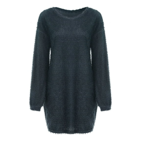 Wuxian Women Winter Sweater Dresses Casual Crewneck Long Sleeve Knit Oversized Loose Fit Solid Fuzzy Fashion Mini Dress For Women Dailywear