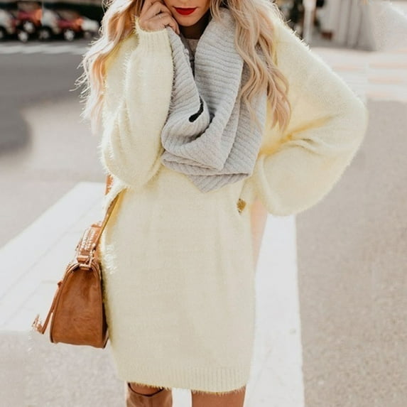 Wuxian Women Winter Sweater Dresses Casual Crewneck Long Sleeve Knit Oversized Loose Fit Solid Fuzzy Fashion Mini Dress For Women Streetwear