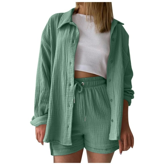 Wuxian Women's 2 Piece Outfit Solid Long Sleeve Shirt With Button Down Match High Waist Drawstring Shorts Wide Leg Casual Set