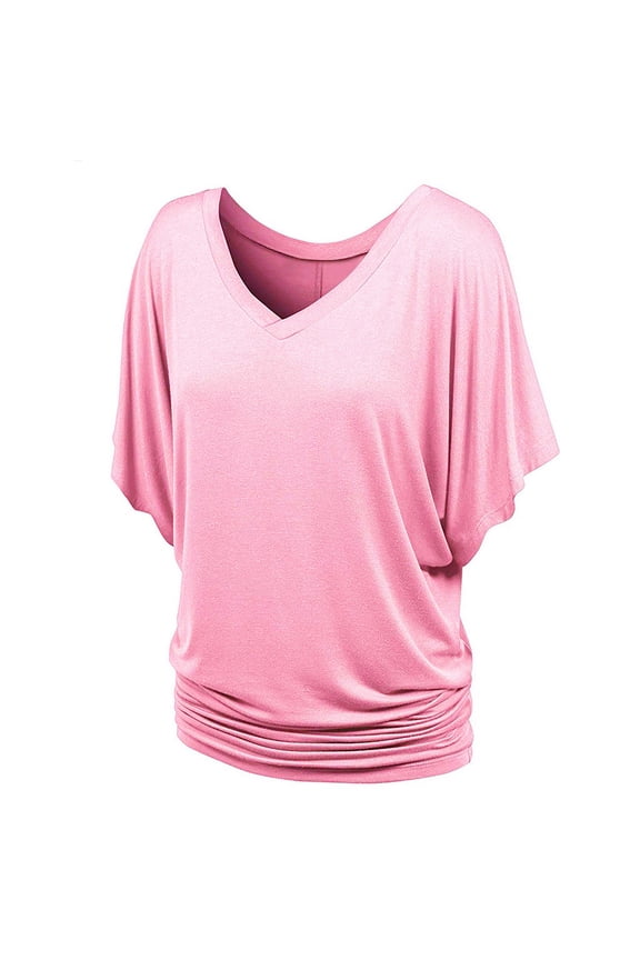 Women's Casual Shirt Solid Half Sleeve Boat Neck/V Neck Dolman T Shirt With Side Shirring Tops