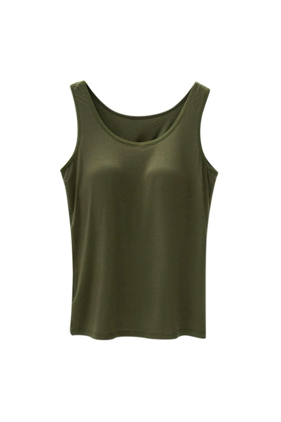 Women's Cotton Tank Top with Shelf Bra Wider Strap Round Neck Camisole Basic Cami Tanks