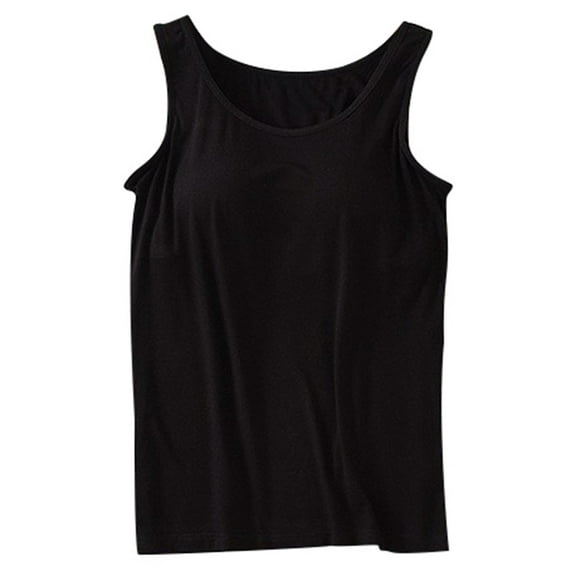 Wuxian Women's Cotton Tank Top with Shelf Bra Wider Strap Round Neck Camisole Basic Cami Tanks