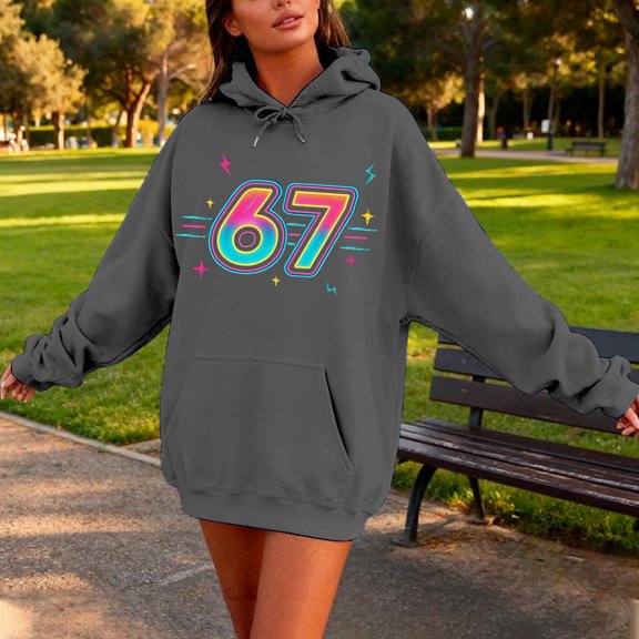 Wuxian Womens 67 Sweatshirt Fashion Print Pullover 6 7 Hoodie Relaxed Oversized Casual Long Sleeve Tops With Pocket,Grey,S