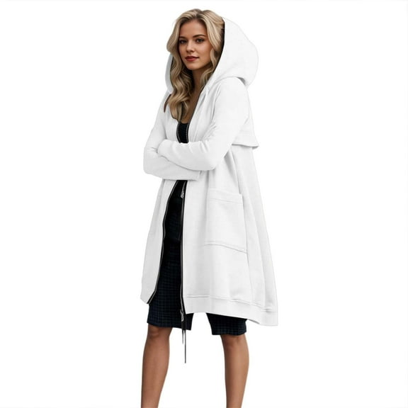 Wuxian Womens Autumn Long Hooded Jacket Zipper Up Long Sleeve Casual Sweatshirt With Pockets Fashion Cozy Solid Color Overcoat,White,S