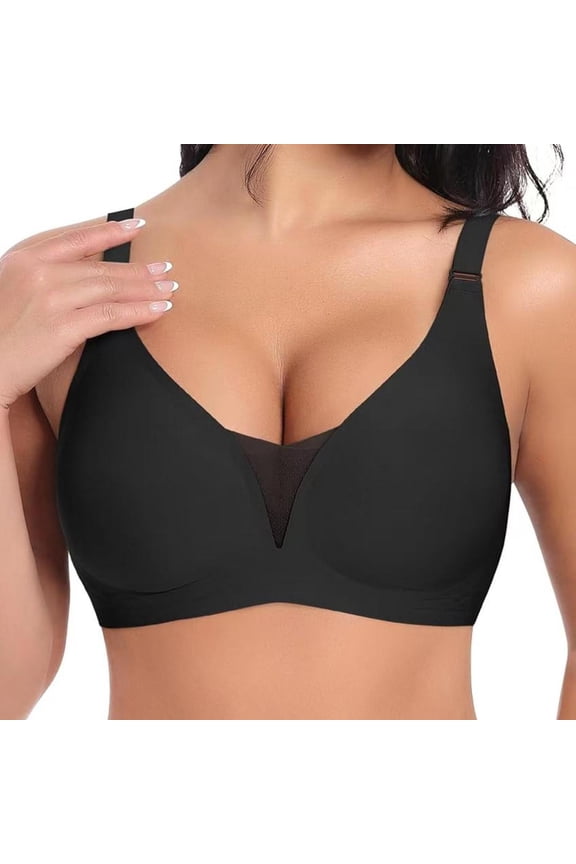 Womens Bras Oversized Smooth Seamless Wireless Mesh Deep V-Neck Thin Lightweight Cozy Bralettes Supportive Full Coverage Dailywear Tshirt Everyday Bras,Black,M