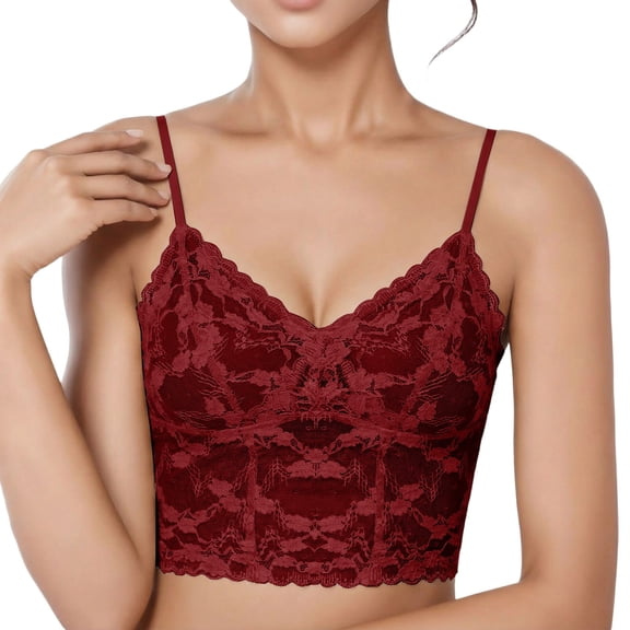Wuxian Womens Bras Stylish Elegant Lace Spaghetti Strap Seamless Bralette Tank Top Wireless Camisole Solid Color V-Neck Cozy Layering Comfortable Bralette Dailywear,Red,L