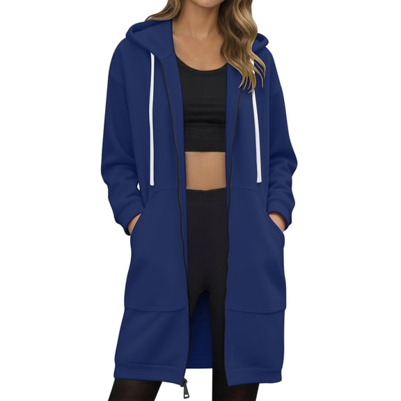Wuxian Womens Cardigan Long Sleeve Zip Up Mid Length Jacket Solid Color Lightweight Coat With Pocket Hoodies Sweatshirt Warm Outwear,Navy,M
