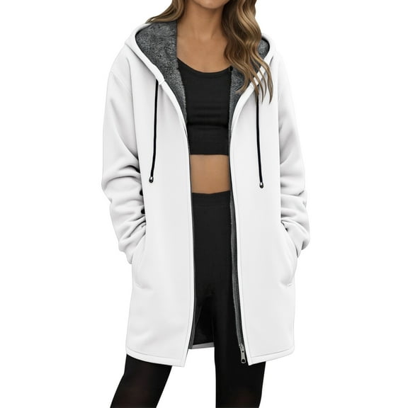 Wuxian Womens Cardigan Long Sleeve Zip Up Mid Length Jacket Solid Color Lightweight Coat With Pocket Hoodies Sweatshirt Warm Outwear,White,M