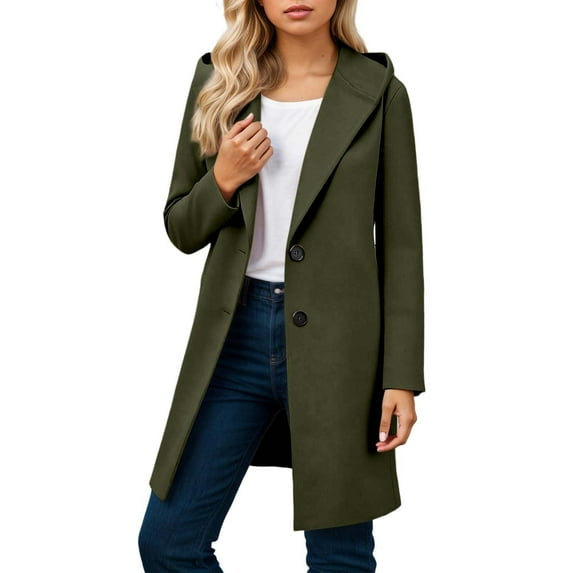 Wuxian Womens Classic Coat Hooded Long Sleeve Wool Trench Coat Windproof Plus Size Casual Winter Warm Long Overcoat Loose Fit Solid Color Long Length Outerwear Jacket,Green,M
