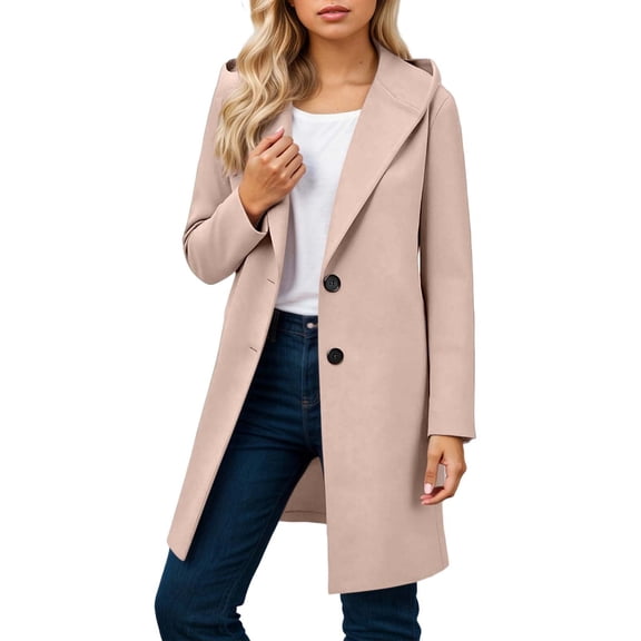 Wuxian Womens Classic Coat Hooded Long Sleeve Wool Trench Coat Windproof Plus Size Casual Winter Warm Long Overcoat Loose Fit Solid Color Long Length Outerwear Jacket,Khaki,L