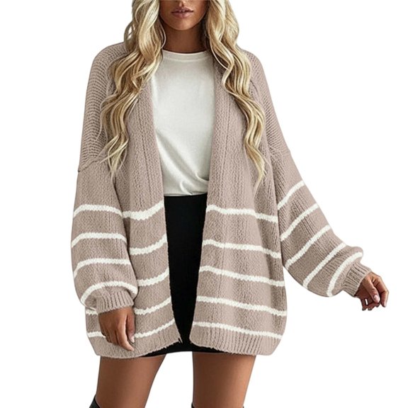 Wuxian Womens Coats Casual Oversized Knit Cardigan Sweater Coat Striped Open Front Loose Fit Stylish Relaxed Outerwear Tops Winter Clothes,Khaki,L