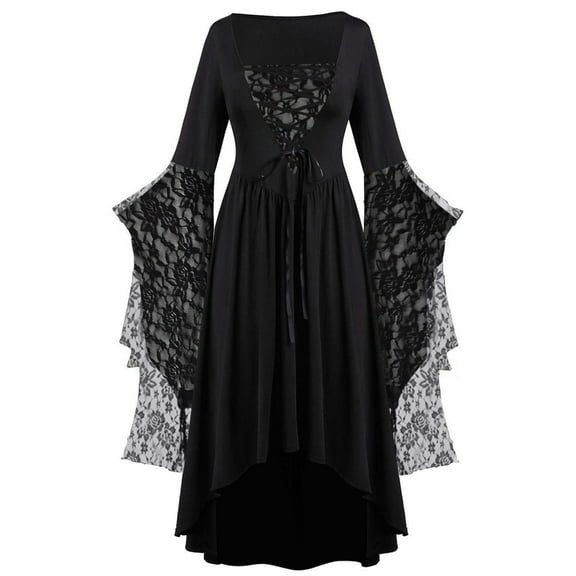 Wuxian Womens Halloween Dress Long Wide Sleeves Fit And Flare A-Line Lace Skeleton Punk Dress Gothic Witch Long Dress,Dark Gray,S