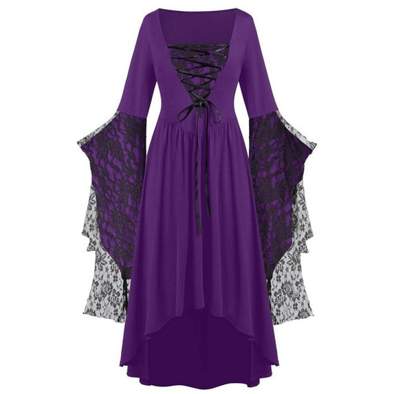 Wuxian Womens Halloween Dress Long Wide Sleeves Fit And Flare A-Line Lace Skeleton Punk Dress Gothic Witch Long Dress,Purple,S