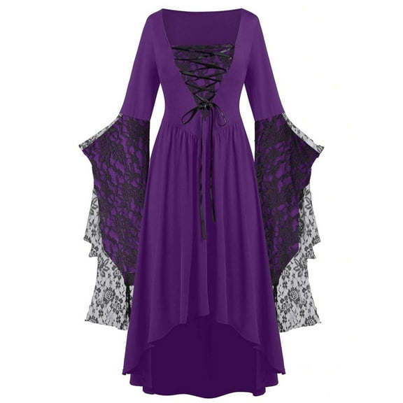 Wuxian Womens Halloween Dress Long Wide Sleeves Fit And Flare A-Line Lace Skeleton Punk Dress Gothic Witch Long Dress,Purple,Xl