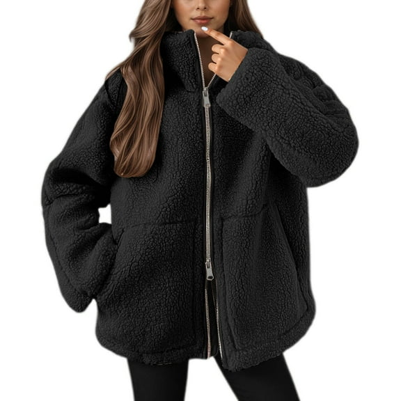Wuxian Womens Jacket Warm Oversized Thermal Thick Overcoat Full Zip Up Long Sleeve Elegant Trench Wool Coat Winter Comfortable Outerwear With Pockets,Black,L