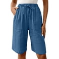 thumbnail image 1 of Wuxian Womens Linen Pants Knee Length Solid Color Wide Leg Casual Summer Shorts Breathable Lightweight Straight Leg Casual Loose Bermuda Shorts Baggy Trousers Stylish Joggers,Blue,S, 1 of 6