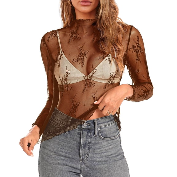 Wuxian Womens Mesh Sheer Tops Through Blouse Floral Embroidery Solid Color Mock Neck Long Sleeve Layering Shirts Fashionable Clubwear Party Tee Basic Fashion Dressy Clothes,Brown,L