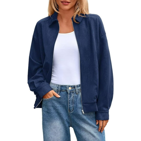 Wuxian Womens Motorcycle Jacket Full Zip Up Long Sleeve Plus Size Stylish Fall Coat Solid Color Casual Loose Fit Relaxed Outerwear,Navy,XXS