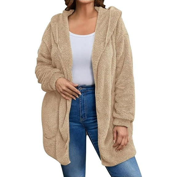 Wuxian Womens Overcoat Soft Wool Fuzzy Hooded Jacket Long Sleeve Casual Open Front Cardigan With Pockets Lightweight Outdoor Dailywear,Beige,M