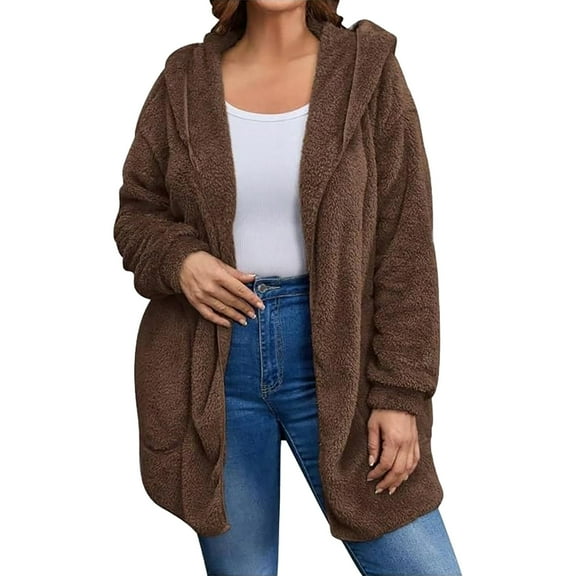 Wuxian Womens Overcoat Soft Wool Fuzzy Hooded Jacket Long Sleeve Casual Open Front Cardigan With Pockets Lightweight Outdoor Dailywear,Brown,S