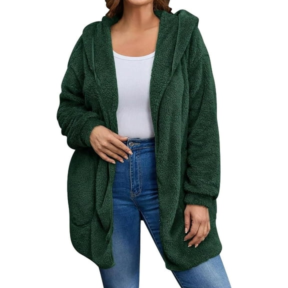 Wuxian Womens Overcoat Soft Wool Fuzzy Hooded Jacket Long Sleeve Casual Open Front Cardigan With Pockets Lightweight Outdoor Dailywear,Dark Green,S
