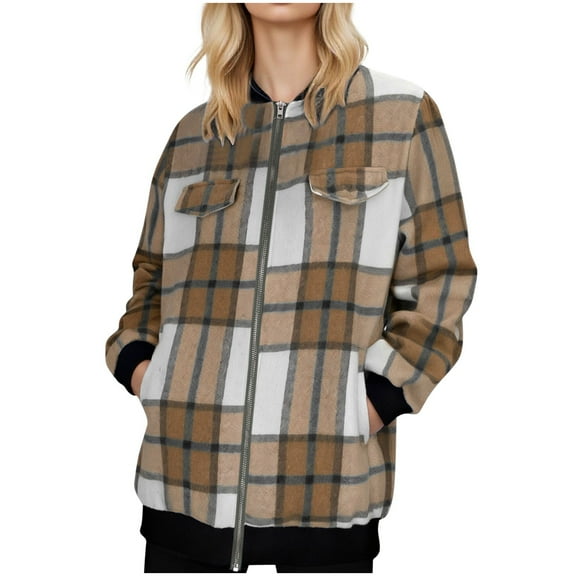 Wuxian Womens Plaid Jacket Long Sleeve Zip Up Oversize Round Neck Casual Loose Relaxed Fit Striped Fashion Coat With Pockets Comfortable Trendy Dailywear,Orange,L