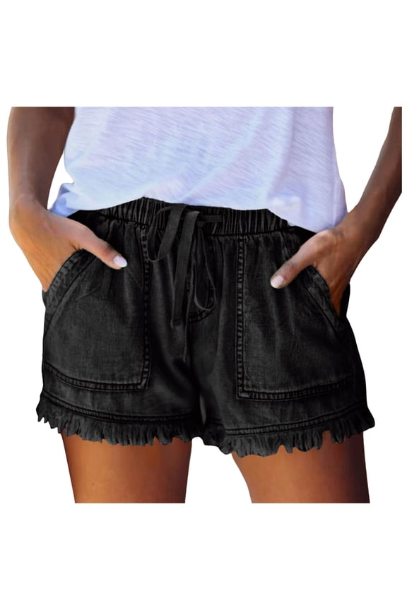 Womens Shorts Jeans Denim Bottom Drawstring Elastic Waist Solid Color Wide Leg Tassel Casual Pants Shorts With Pockets Baggy Trendy Hot Pants Spring Summer Comfy Dailywear,Grey,XXL