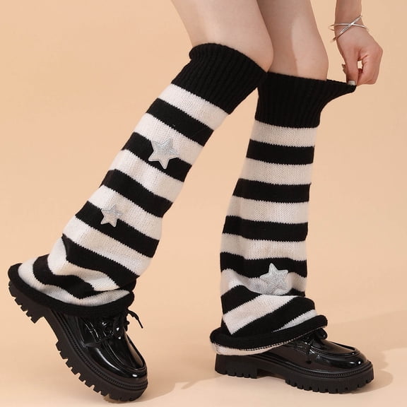 Wuxian Womens Socks Classic Striped Leg Warmers Star Pattern Knee Length Warm Socks Fashionable Footless Boot Sleeves Breathable Lightweight Footwear,Khaki,One Size
