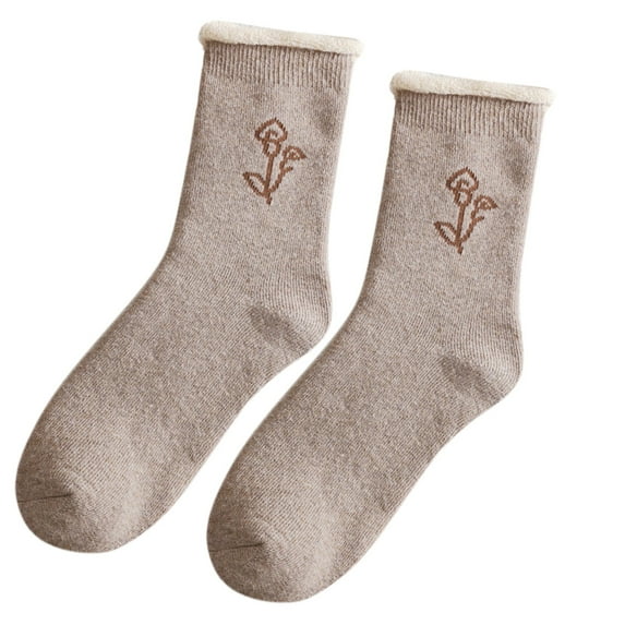 Wuxian Womens Socks Fuzzy Crew Sock Colorful Flower Embroidery Athletic Socks Winter Thermal Cozy Fuzzy Socks,Khaki,One Size