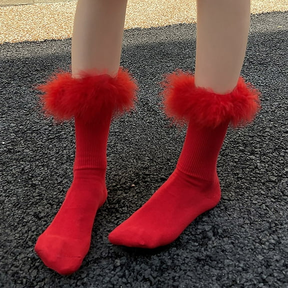 Wuxian Womens Socks Fuzzy Lined Thick Wool Plush Trim Crew Socks Warm Winter Soft Thermal Cozy Boot Slipper Socks Fuzzy Socks,Red,One Size