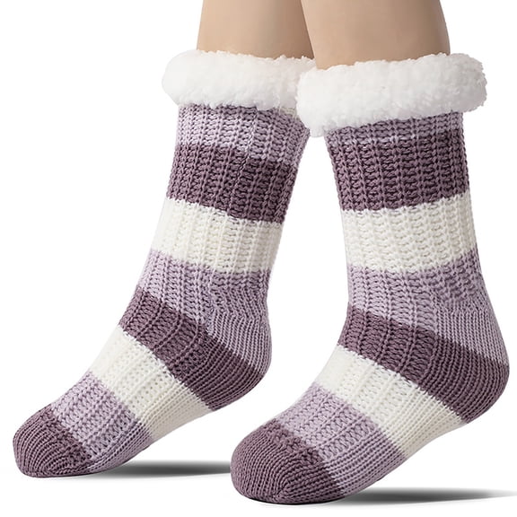 Wuxian Womens Socks Knitted Striped Fashion Slipper Socks Non Thick Fuzzy Lined Slippers Stocking Fuzzy Socks,Purple,One Size