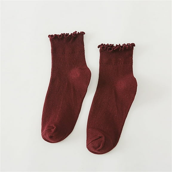 Wuxian Womens Socks Ruffles Trim Casual Cotton Crew Socks Solid Color Knit Low Ankle Fashion Soft Fuzzy Socks,Wine,One Size