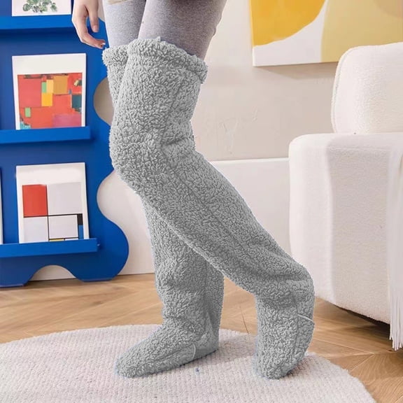 Wuxian Womens Socks Winter Fuzzy Warm Socking Over The Knee Socks Thick Woolen Leg Warmers Leggings Solid Stockings Comfy Dailywear,Grey,One Size
