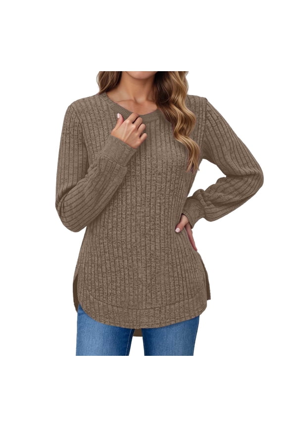Womens Sweater Classic Round Neck Long Sleeve Slim Fit Pullover Knitted Sweater Curved Hem Casual Cozy Breathable Outwear Winter Clothing Dressy Casual Soft,Coffee,S
