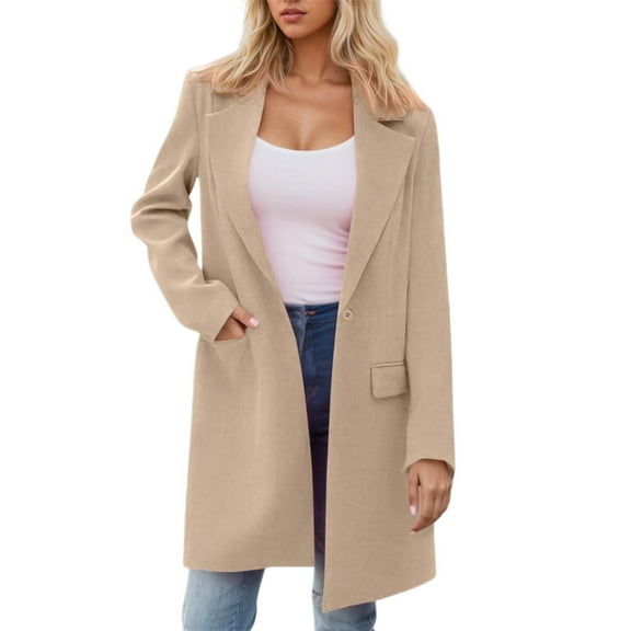 Wuxian Womens Trench Coat Solid Color Button Down Long Sleeve Notched Collar Jacket Long Length Overcoat Autumn Winter Windbreaker Coat Street Wear,Khaki,XXL